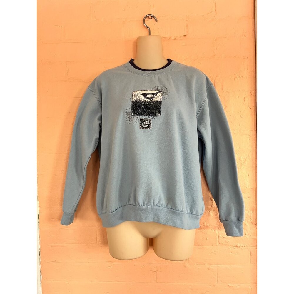 Vintage 90's Top Stitch Sweatshirt Bird Flowers Blue Crewneck Petite Medium